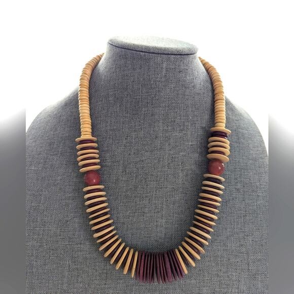 Vintage Estate Tribal Ethnic Boho Colored Wood Beaded Statement Necklace - Picture 1 of 3